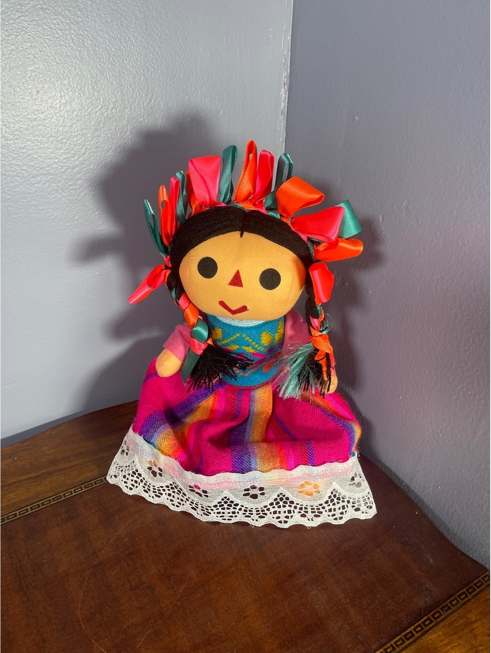 Handmade Mexican Cloth Doll with Colorful Ribbon and Embroidered Dress